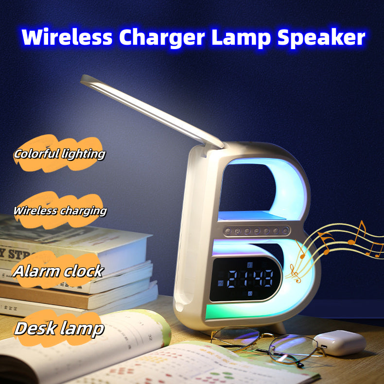 New B-Shaped Blutooth Speaker Multifunctional Smart Music Rhythm Lighting Phone Wireless Charger TF Card AUX Input Standard Mode